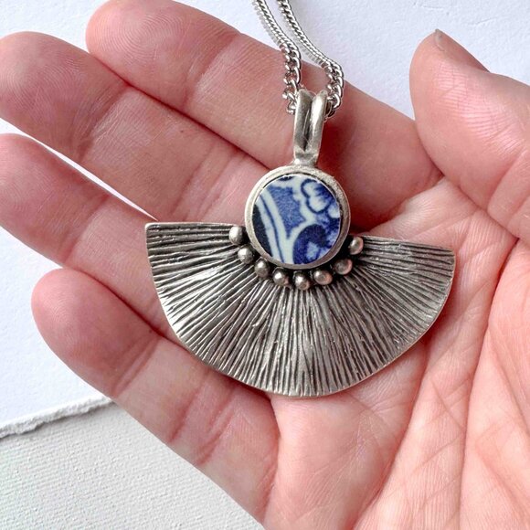 Blue White Ceramic Pendant Necklace Silver Fan Statement Necklace - Picture 5 of 9